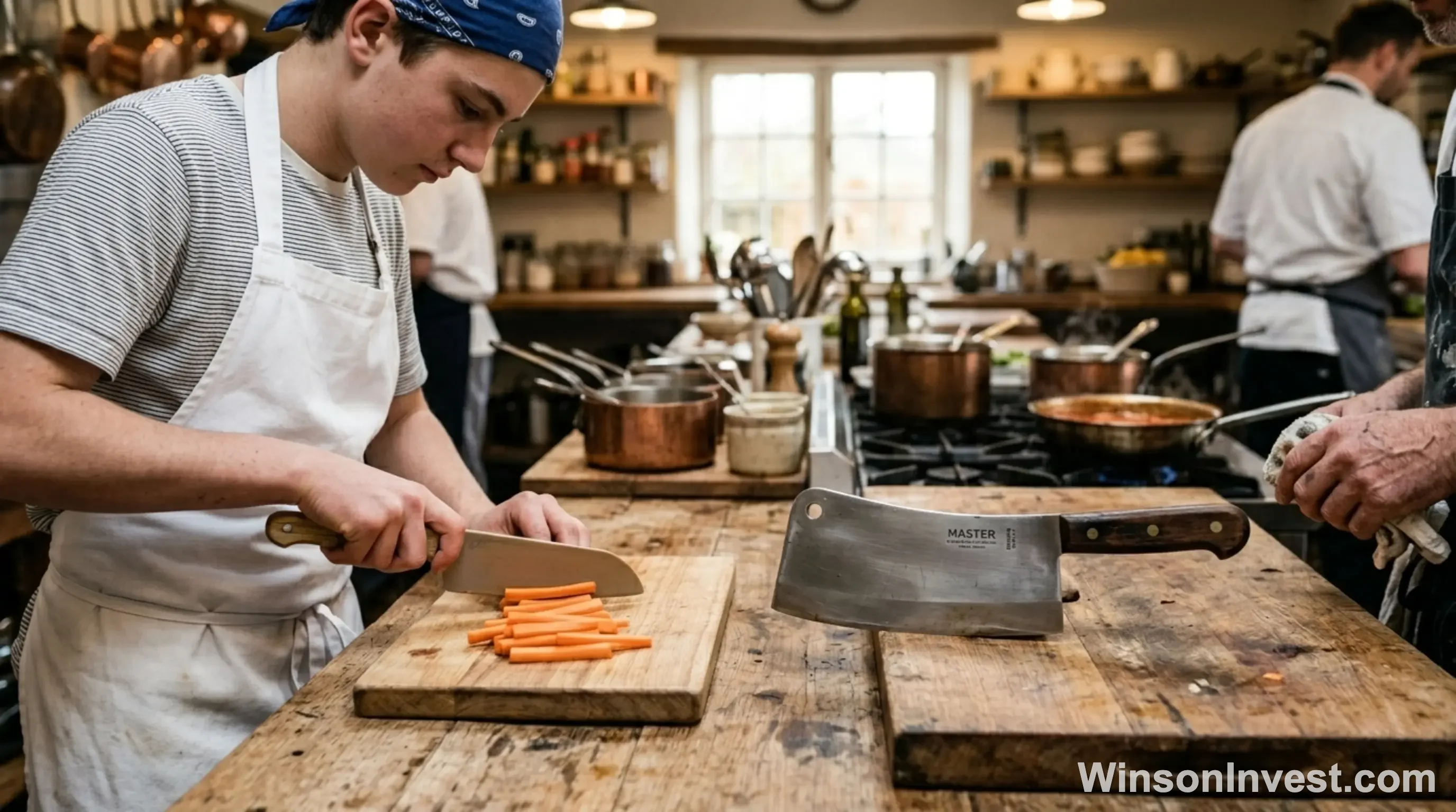 A training knife next to a professional chef knife.